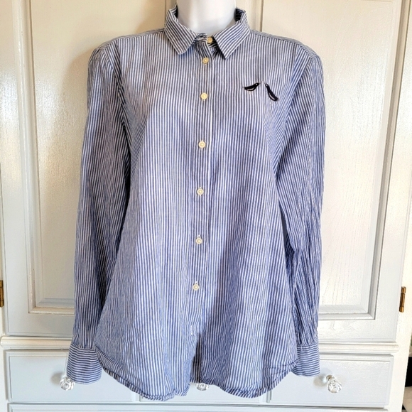 LOFT Blue White Striped 100% Cotton Button Down Shirt Embroidered Birds Size M - Picture 1 of 10